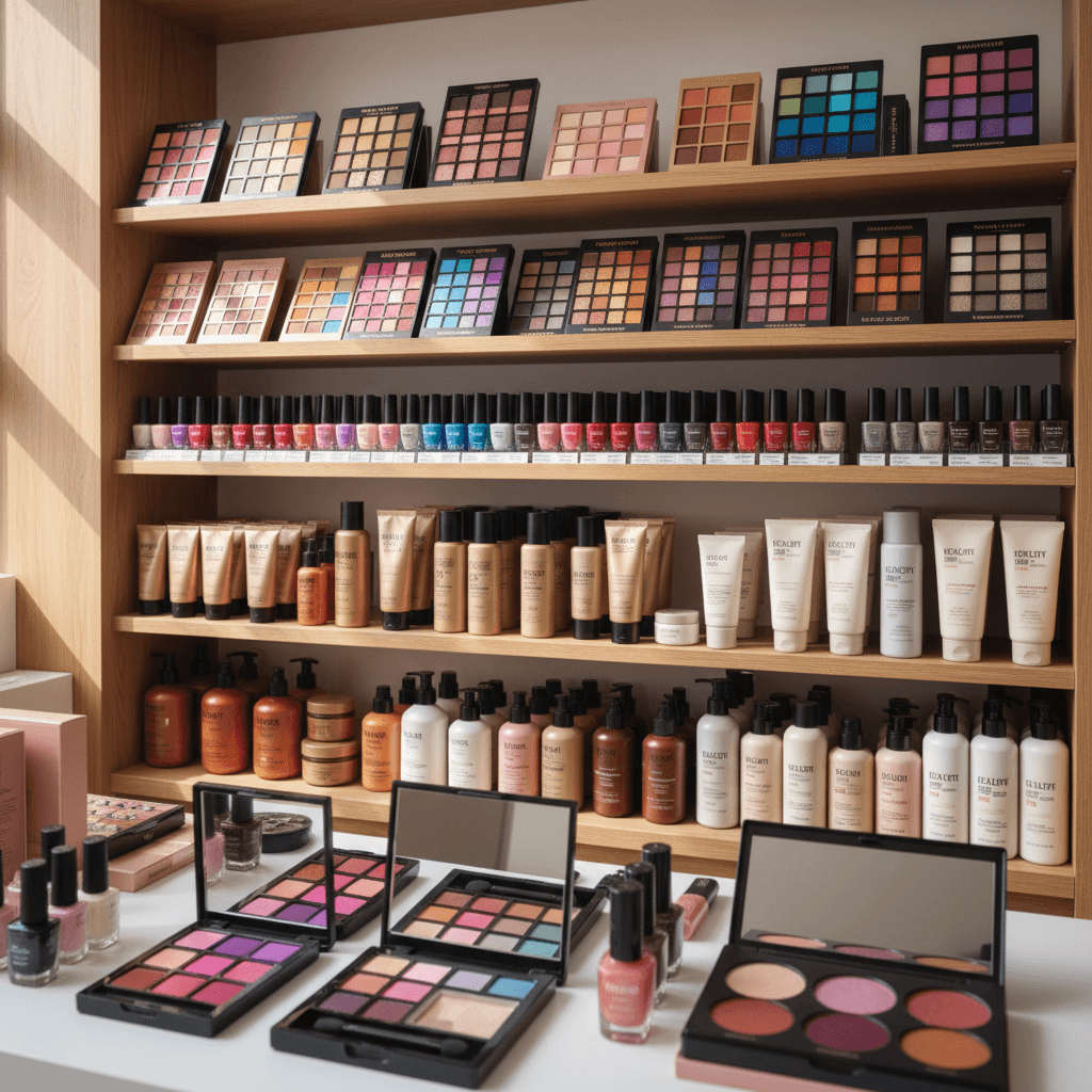 Colorful beauty product display with makeup, nail polish, and hair care items organized on retail shelves