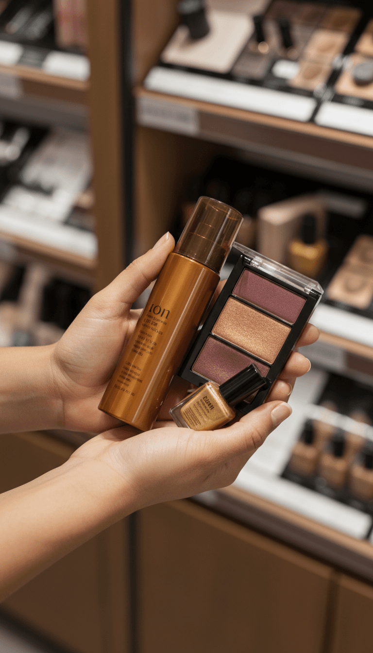 Close-up of hands holding a variety of beauty products including hair care, makeup, and nail polish