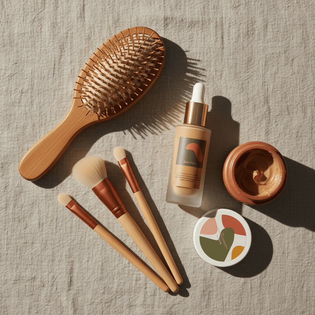 Assorted beauty essentials arranged flat