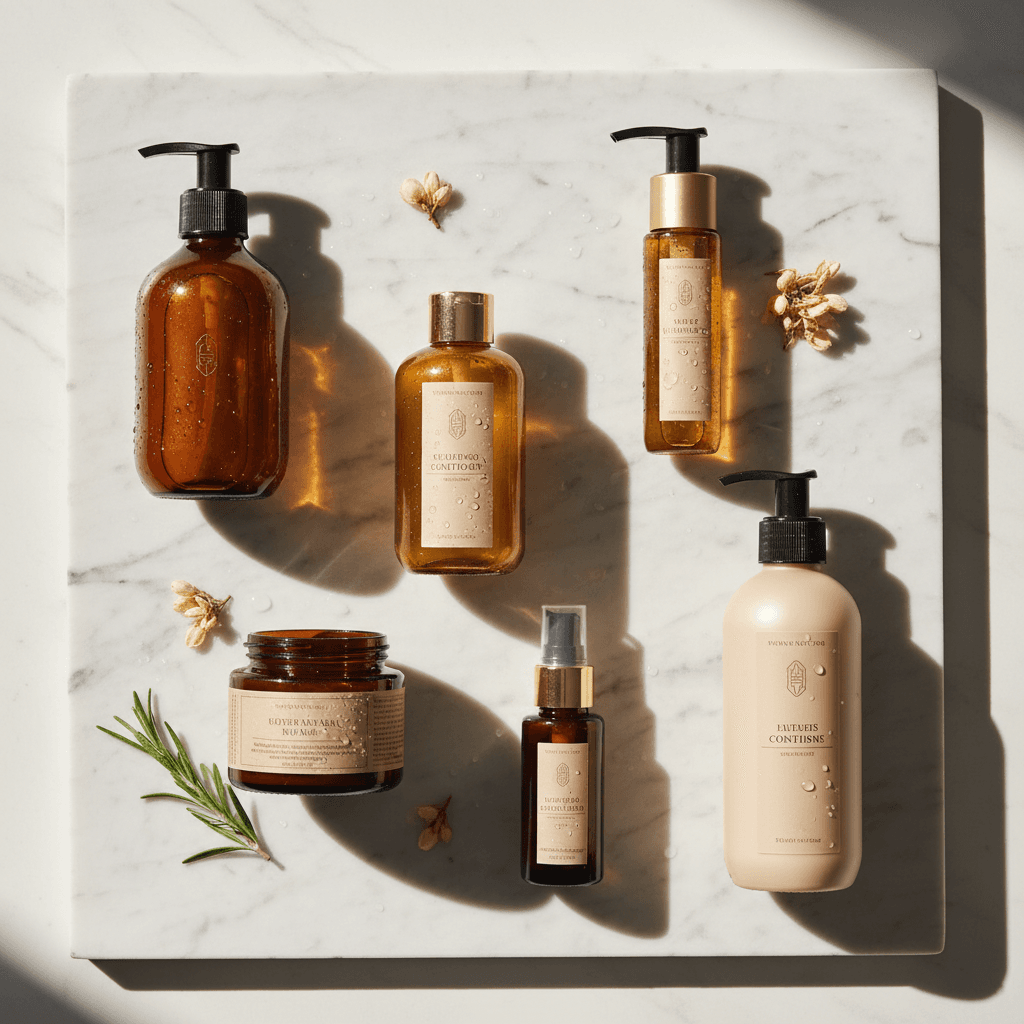 Selection of hair care products on marble